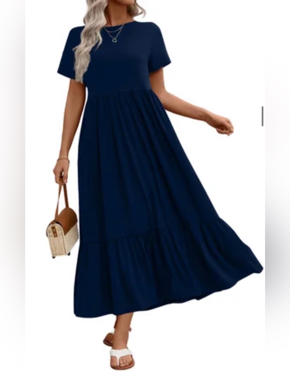 NWT. Women’s Navy Short-Sleeve Tiered Maxi Dress - Classic Casual - Size Large